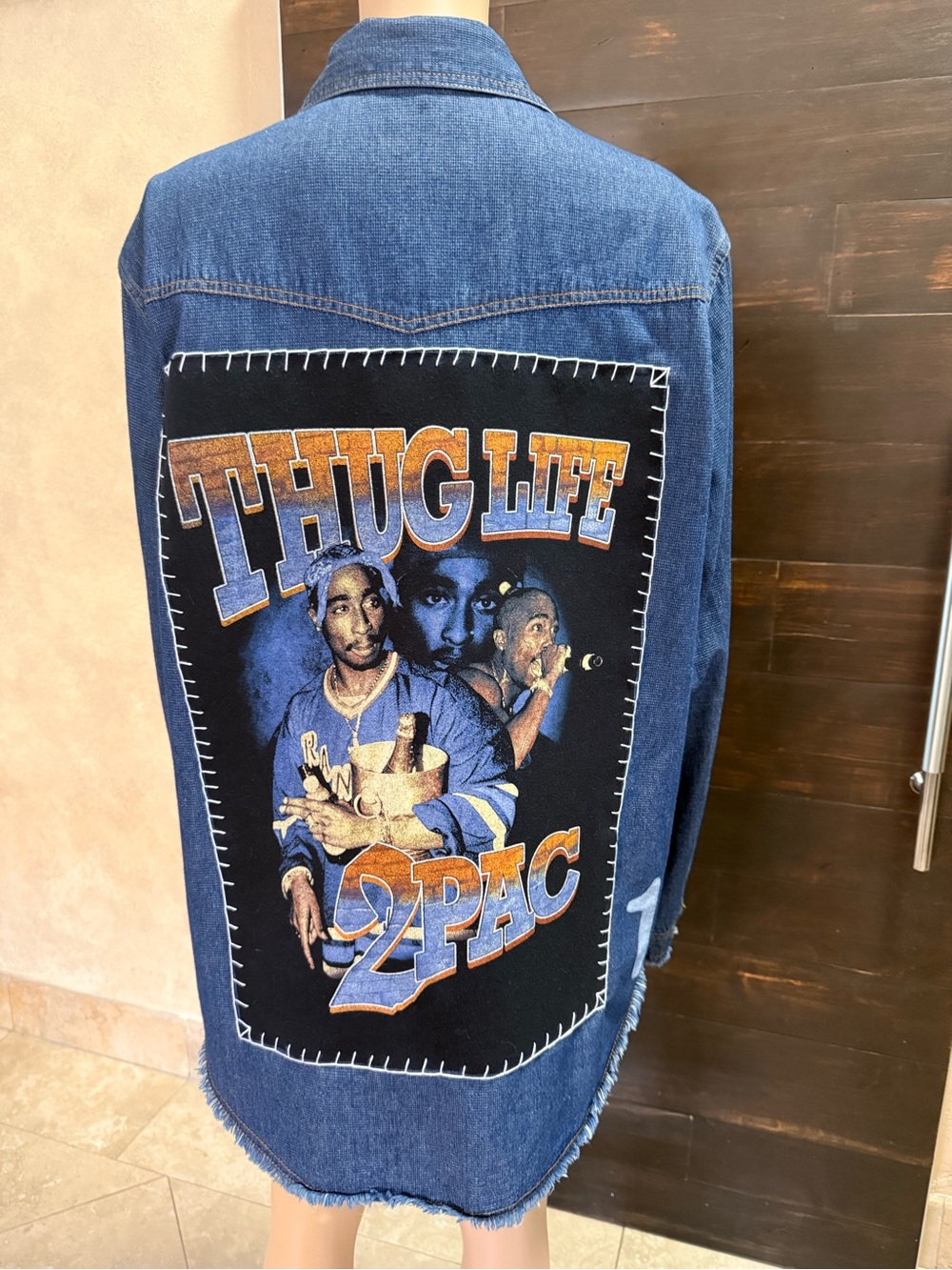 Upcycled Thug Life Tupac Denim Shacket Size L